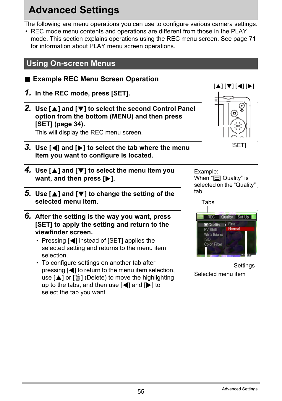 Advanced settings, Using on-screen menus | Casio EXILIM EX-ZS10 User Manual | Page 55 / 142