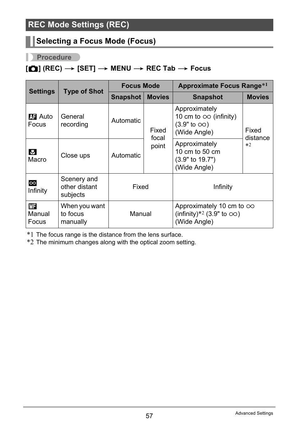 Rec mode settings (rec), Selecting a focus mode (focus) | Casio EXILIM EX-ZS10 User Manual | Page 57 / 142