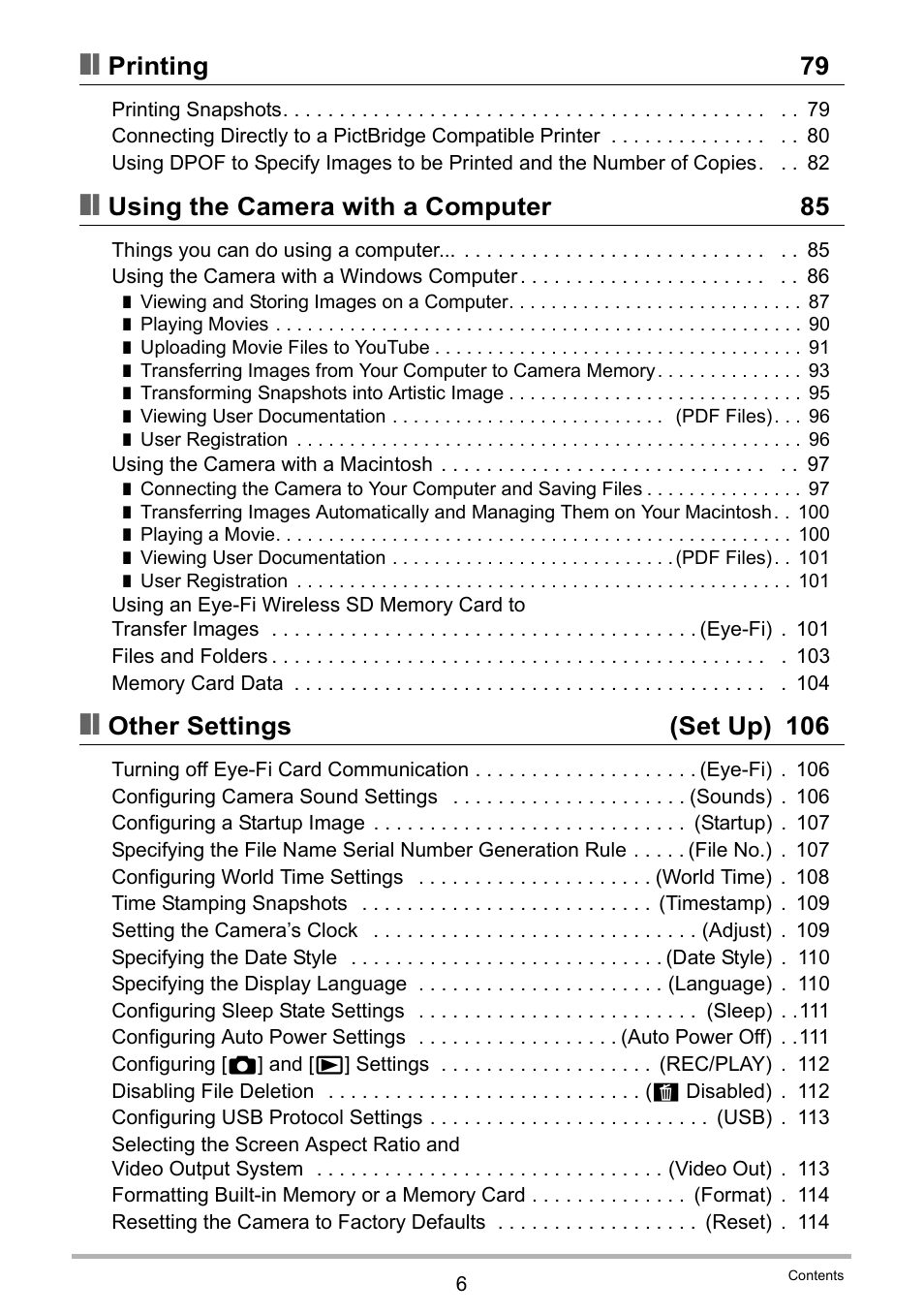 Printing 79, Using the camera with a computer 85, Other settings (set up) 106 | Casio EXILIM EX-ZS10 User Manual | Page 6 / 142