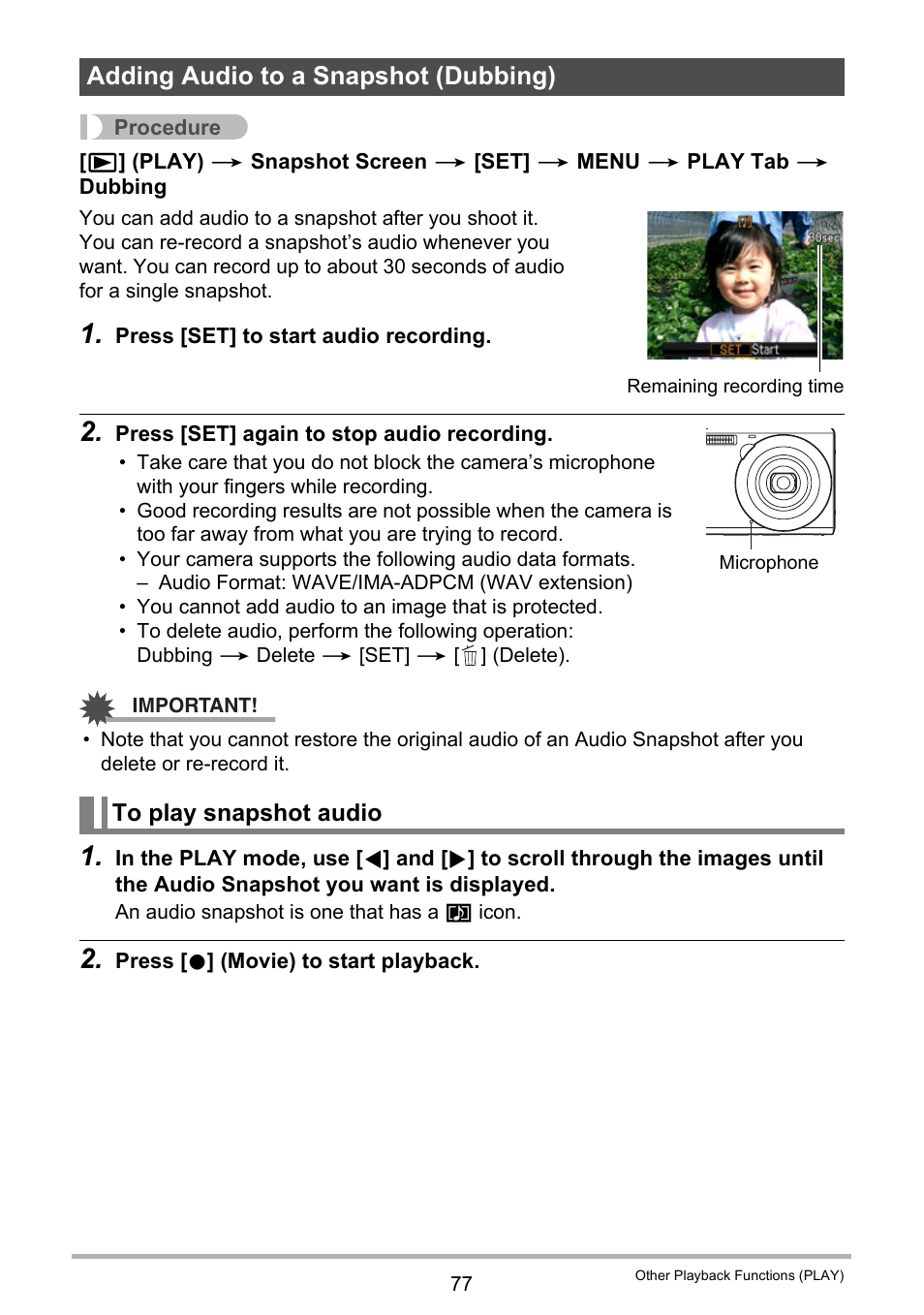 Adding audio to a snapshot (dubbing), To play snapshot audio | Casio EXILIM EX-ZS10 User Manual | Page 77 / 142