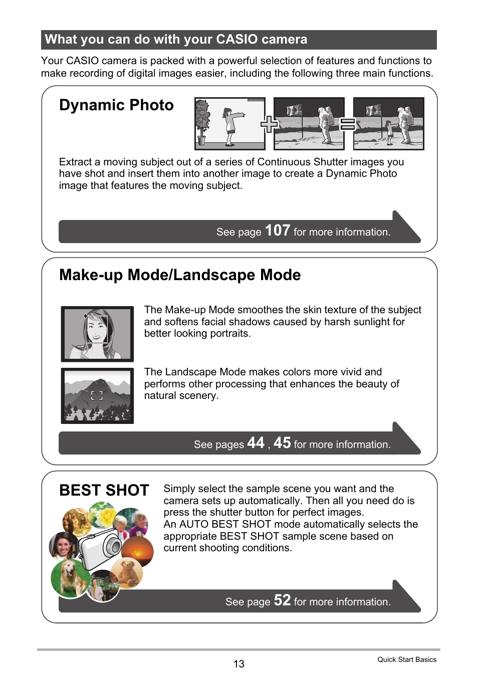 What you can do with your casio camera, Dynamic photo, Make-up mode/landscape mode best shot | Casio EXILIM EX-Z450 User Manual | Page 13 / 191