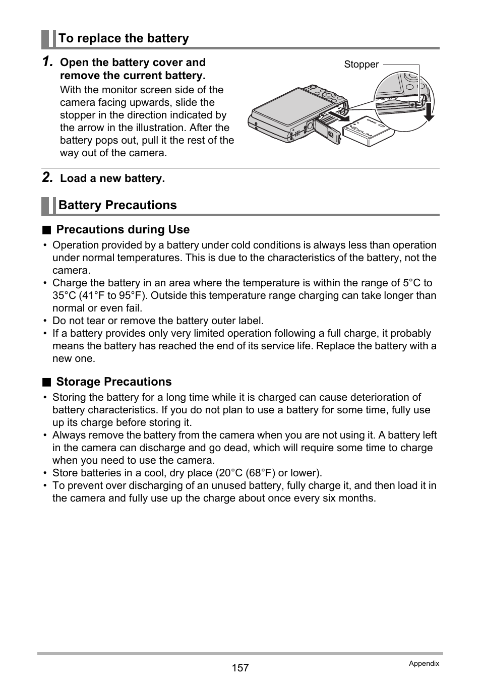 To replace the battery, Battery precautions | Casio EXILIM EX-Z450 User Manual | Page 157 / 191