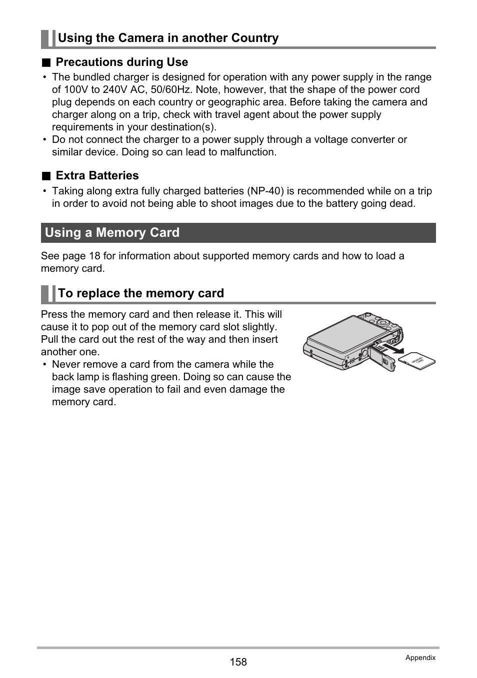 Using the camera in another country, Using a memory card, To replace the memory card | Casio EXILIM EX-Z450 User Manual | Page 158 / 191