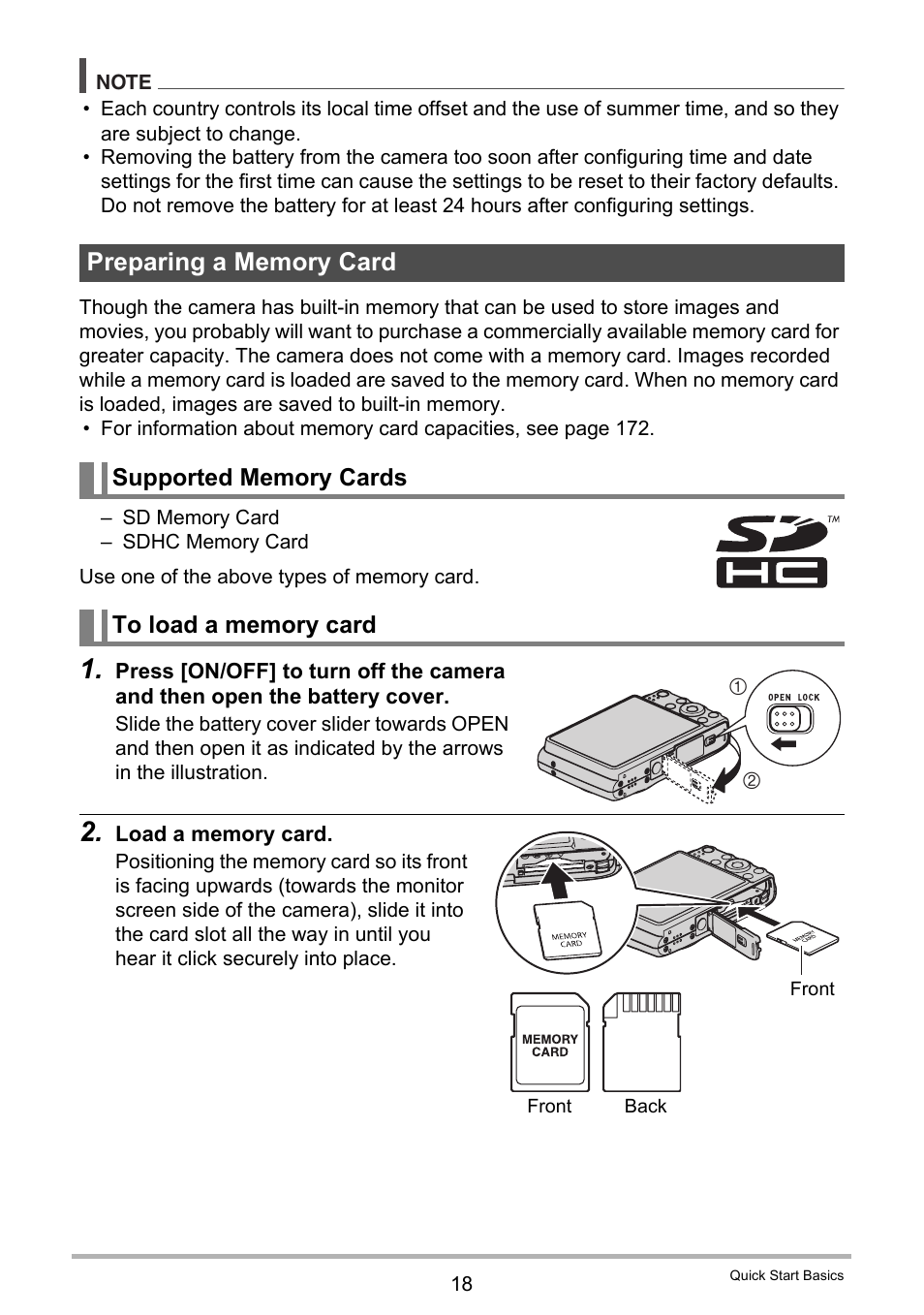 Preparing a memory card, Supported memory cards, To load a memory card | Casio EXILIM EX-Z450 User Manual | Page 18 / 191