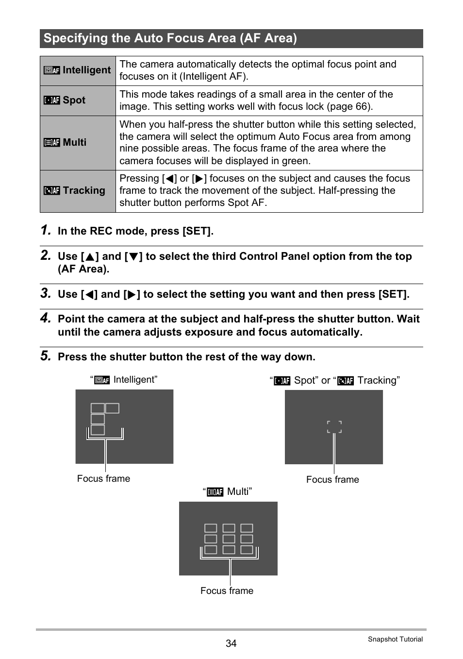 Specifying the auto focus area (af area) | Casio EXILIM EX-Z450 User Manual | Page 34 / 191