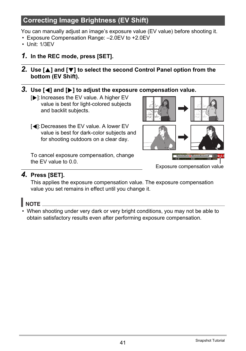 Correcting image brightness (ev shift) | Casio EXILIM EX-Z450 User Manual | Page 41 / 191