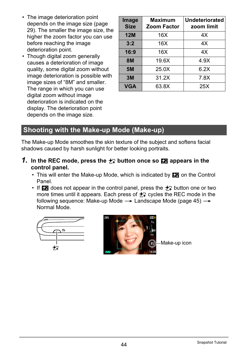 Shooting with the make-up mode (make-up) | Casio EXILIM EX-Z450 User Manual | Page 44 / 191