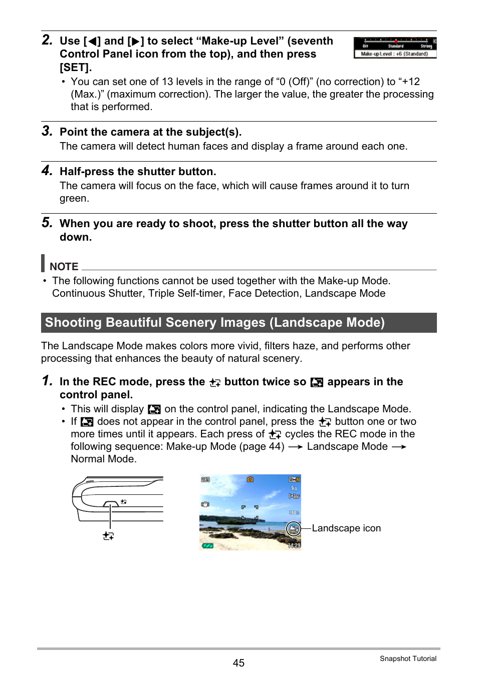 Shooting beautiful scenery images (landscape mode) | Casio EXILIM EX-Z450 User Manual | Page 45 / 191