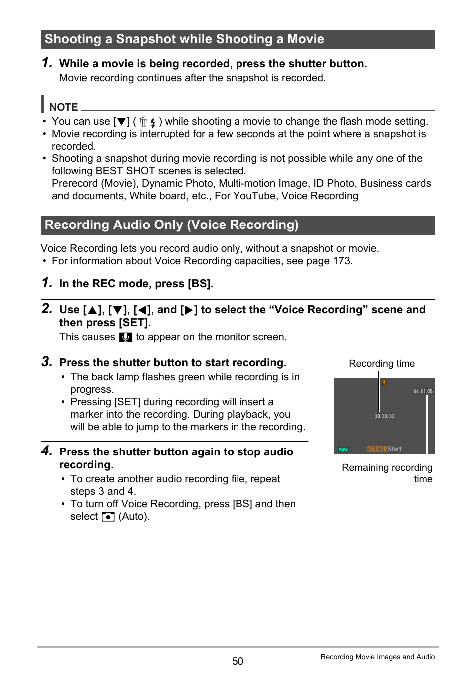 Shooting a snapshot while shooting a movie, Recording audio only (voice recording) | Casio EXILIM EX-Z450 User Manual | Page 50 / 191