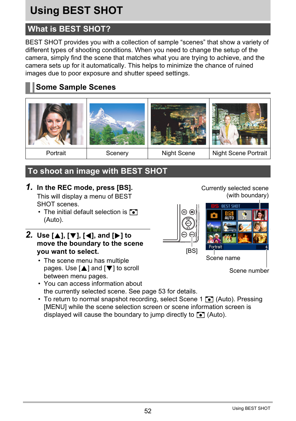 Using best shot, What is best shot, Some sample scenes | To shoot an image with best shot, 52), you can sel | Casio EXILIM EX-Z450 User Manual | Page 52 / 191