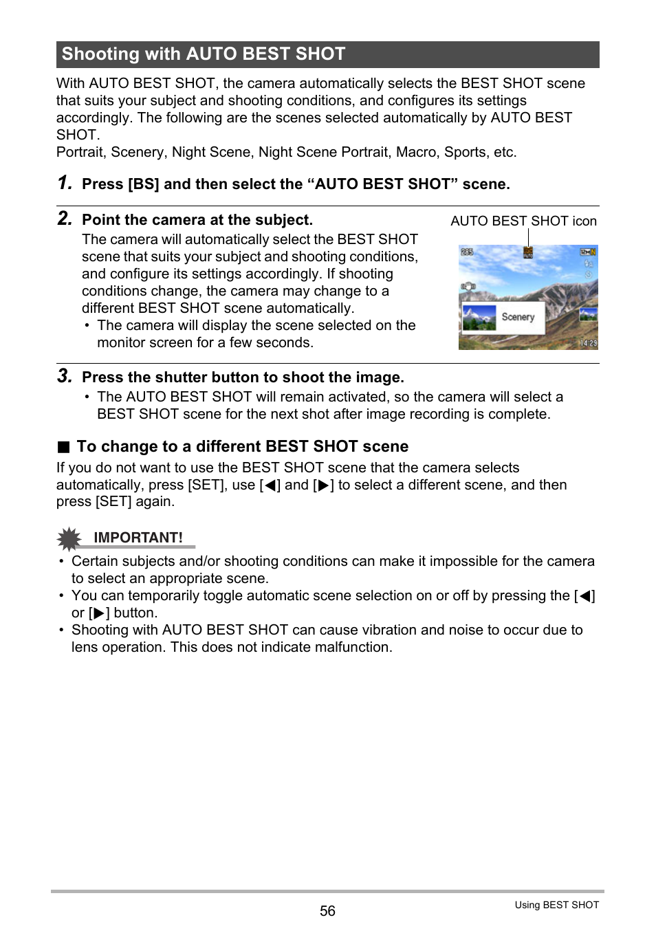 Shooting with auto best shot | Casio EXILIM EX-Z450 User Manual | Page 56 / 191
