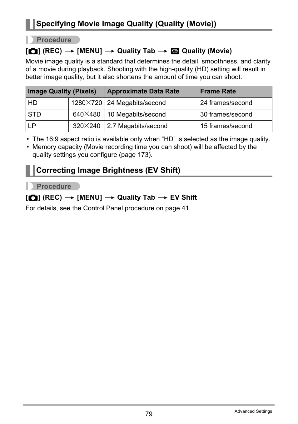 Specifying movie image quality (quality (movie)), Correcting image brightness (ev shift) | Casio EXILIM EX-Z450 User Manual | Page 79 / 191
