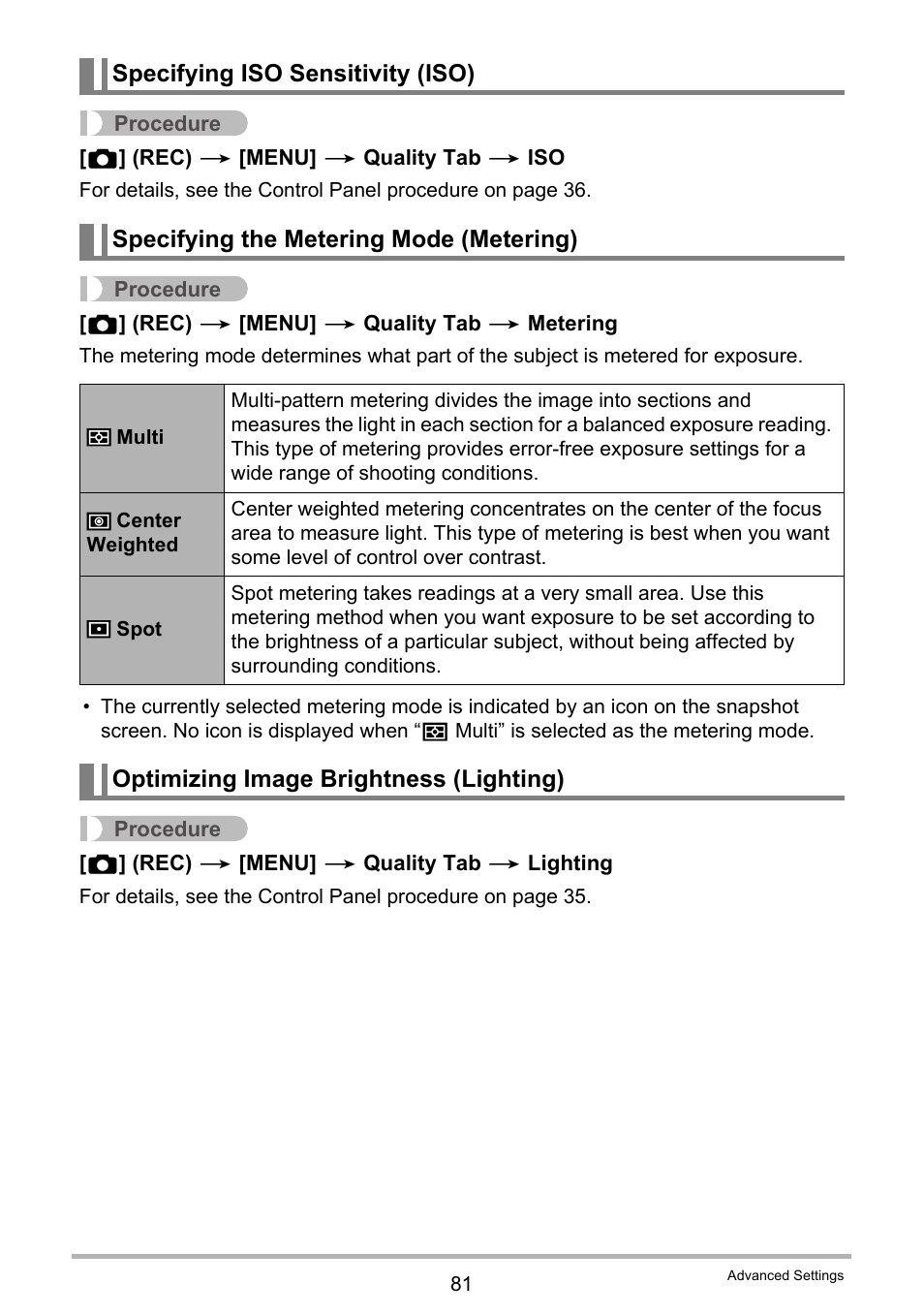 Specifying iso sensitivity (iso), Specifying the metering mode (metering), Optimizing image brightness (lighting) | Casio EXILIM EX-Z450 User Manual | Page 81 / 191