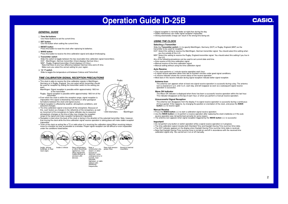 General guide, Time calibration signal reception precautions, Using the clock1 | Operation guide id-25b | Casio ID-25B User Manual | Page 2 / 3