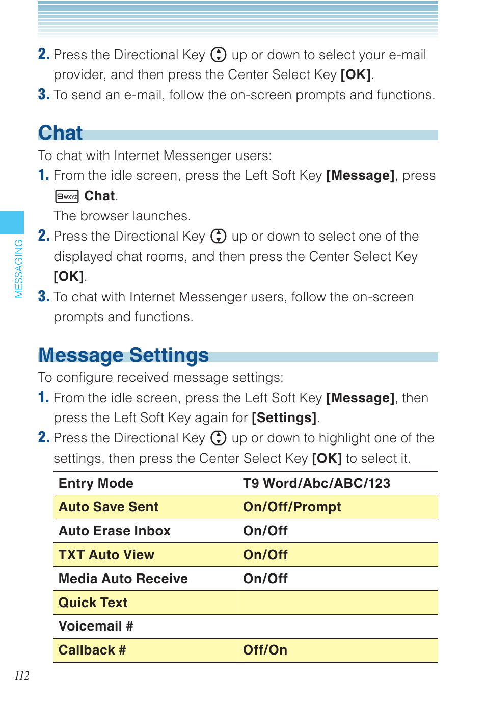 Chat, Message settings | Casio EXILIM C721 User Manual | Page 113 / 220