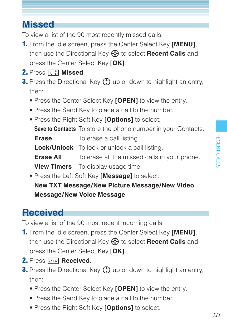 Missed, Received | Casio EXILIM C721 User Manual | Page 126 / 220