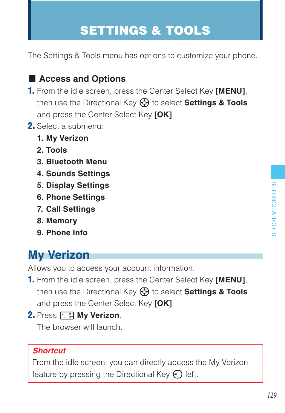 My verizon, Settings & tools | Casio EXILIM C721 User Manual | Page 130 / 220