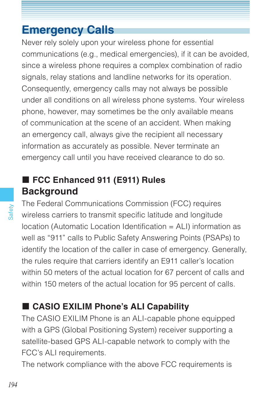 Emergency calls, Background | Casio EXILIM C721 User Manual | Page 195 / 220