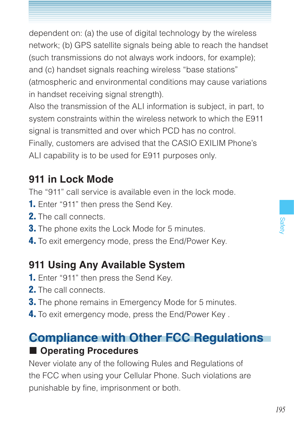 Compliance with other fcc regulations, 911 in lock mode, 911 using any available system | Casio EXILIM C721 User Manual | Page 196 / 220