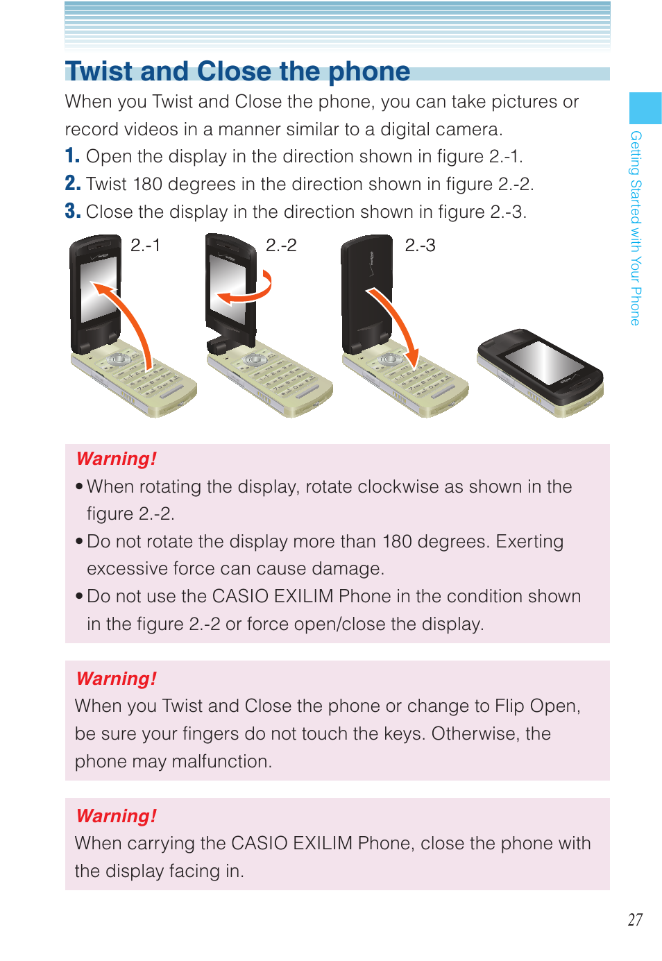 Twist and close the phone | Casio EXILIM C721 User Manual | Page 28 / 220