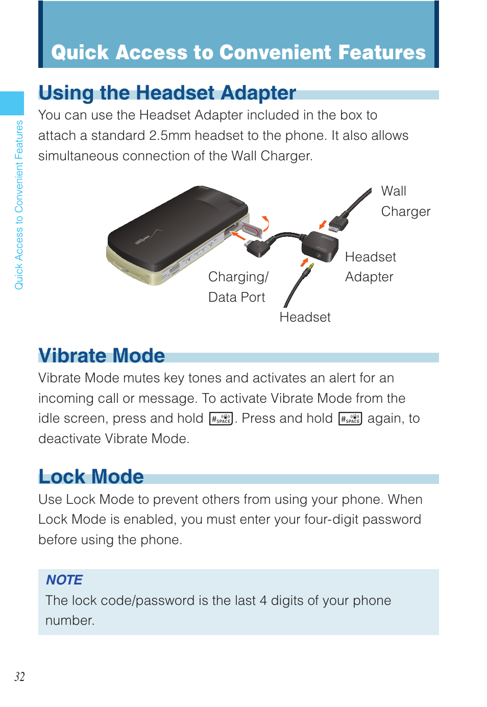 Using the headset adapter, Vibrate mode, Lock mode | Quick access to convenient features | Casio EXILIM C721 User Manual | Page 33 / 220