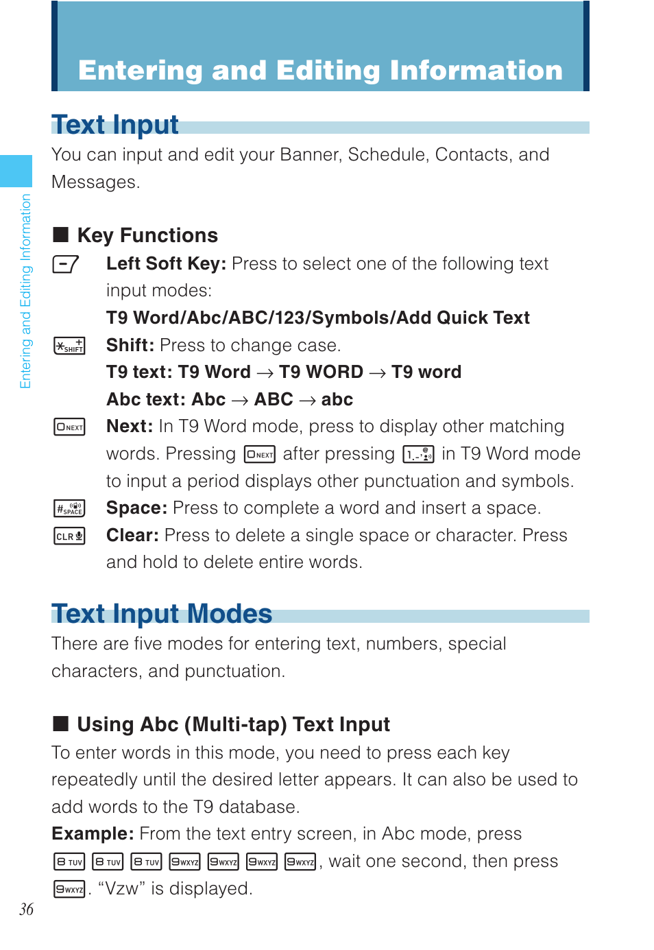 Text input, Text input modes, Entering and editing information | Casio EXILIM C721 User Manual | Page 37 / 220