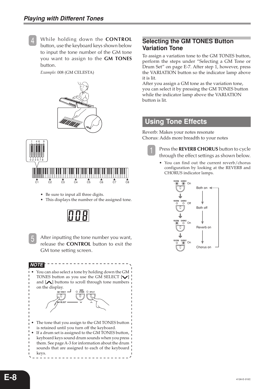 E-8 4, Using tone effects, Playing with different tones | Selecting the gm tones button variation tone | Casio PX300 User Manual | Page 10 / 37