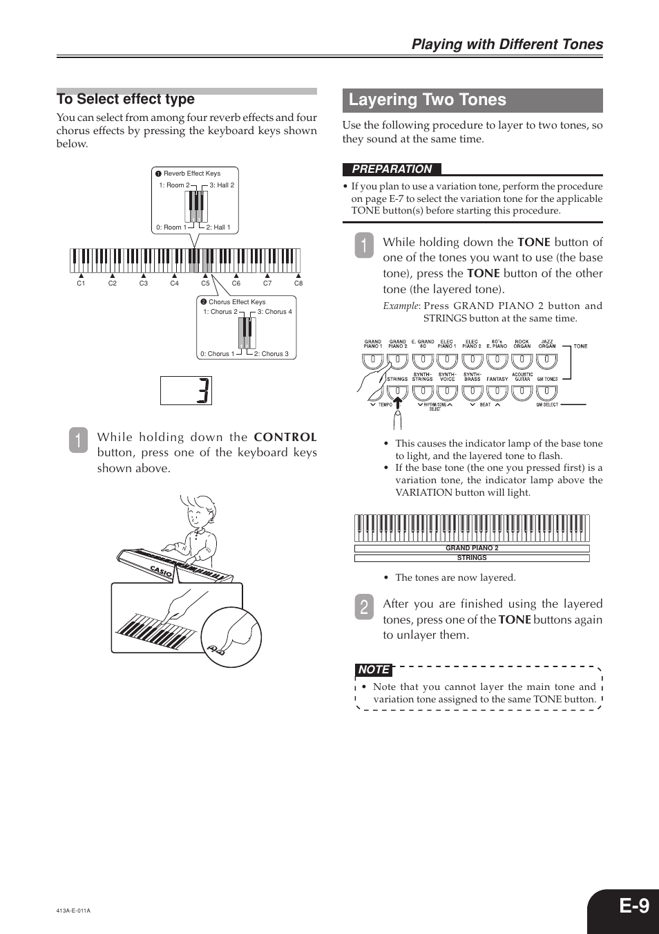 Layering two tones, Playing with different tones | Casio PX300 User Manual | Page 11 / 37