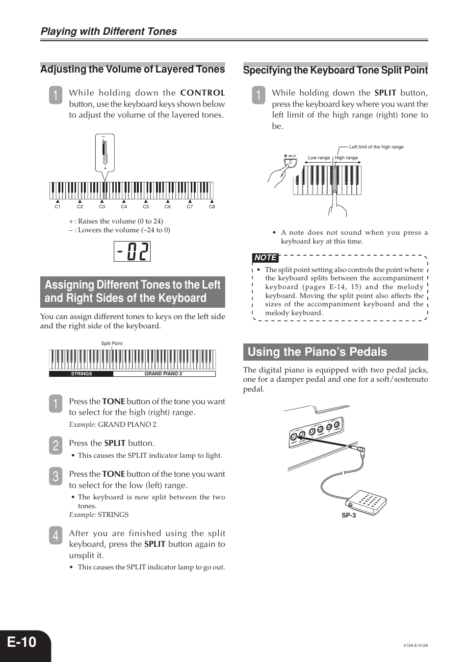 E-10, Using the piano’s pedals, Playing with different tones | Adjusting the volume of layered tones, Specifying the keyboard tone split point | Casio PX300 User Manual | Page 12 / 37