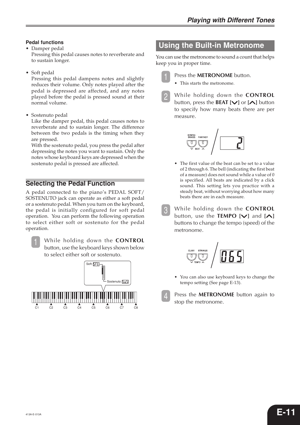 E-11, Using the built-in metronome, Playing with different tones | Selecting the pedal function | Casio PX300 User Manual | Page 13 / 37