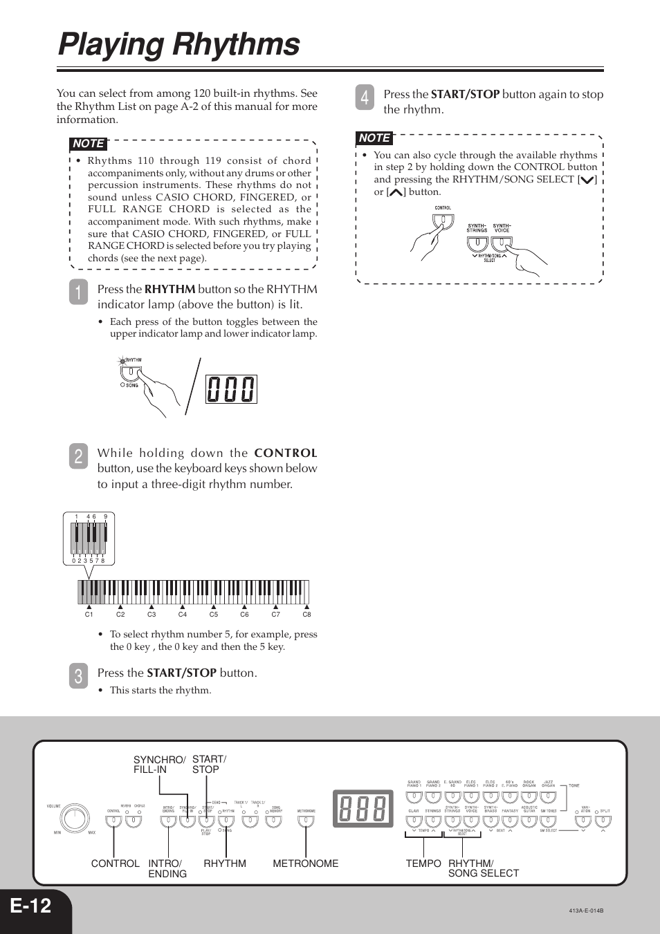 Playing rhythms, E-12 | Casio PX300 User Manual | Page 14 / 37