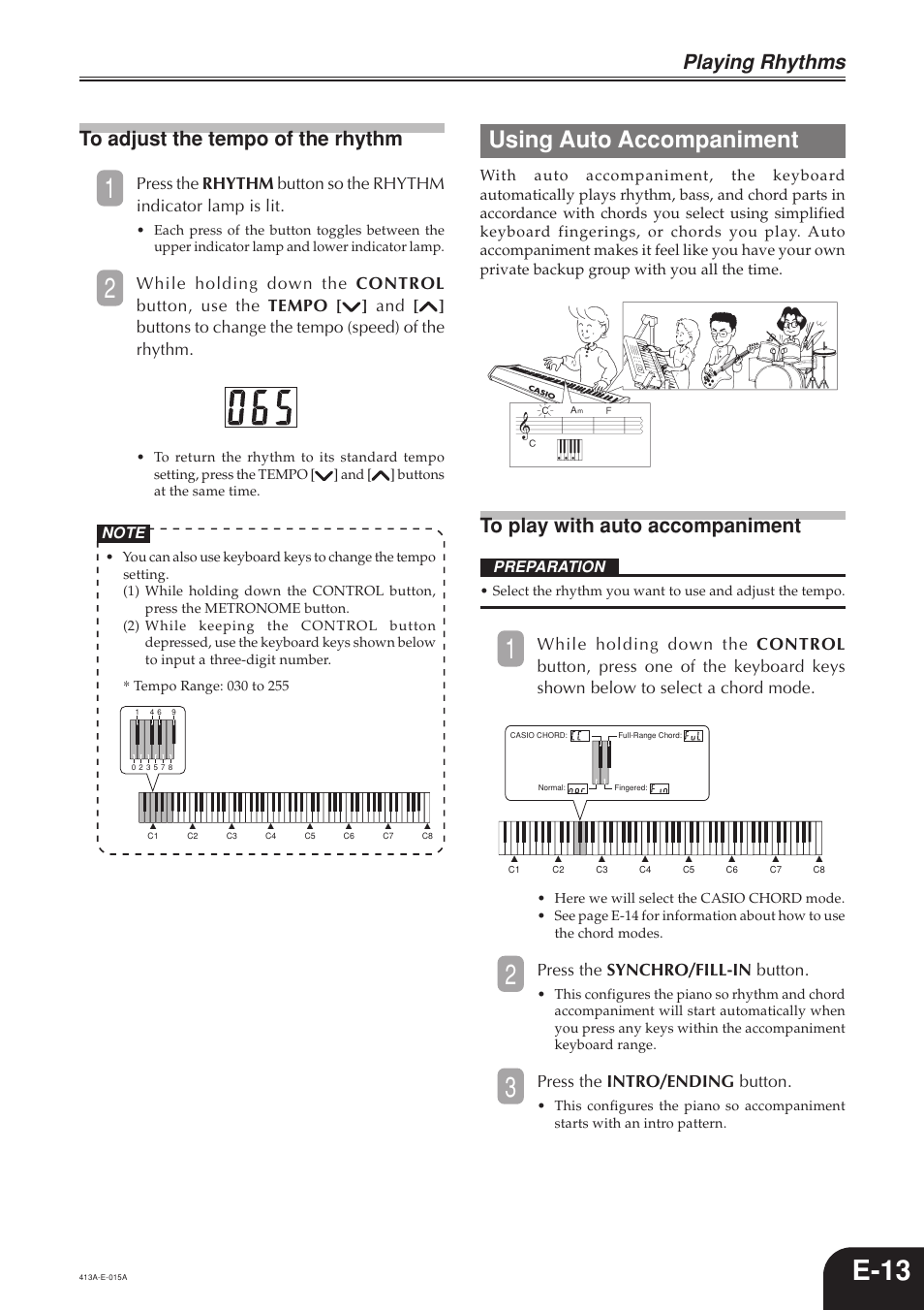 E-13, Using auto accompaniment, Playing rhythms | Press the synchro/fill-in button, Press the intro/ending button | Casio PX300 User Manual | Page 15 / 37