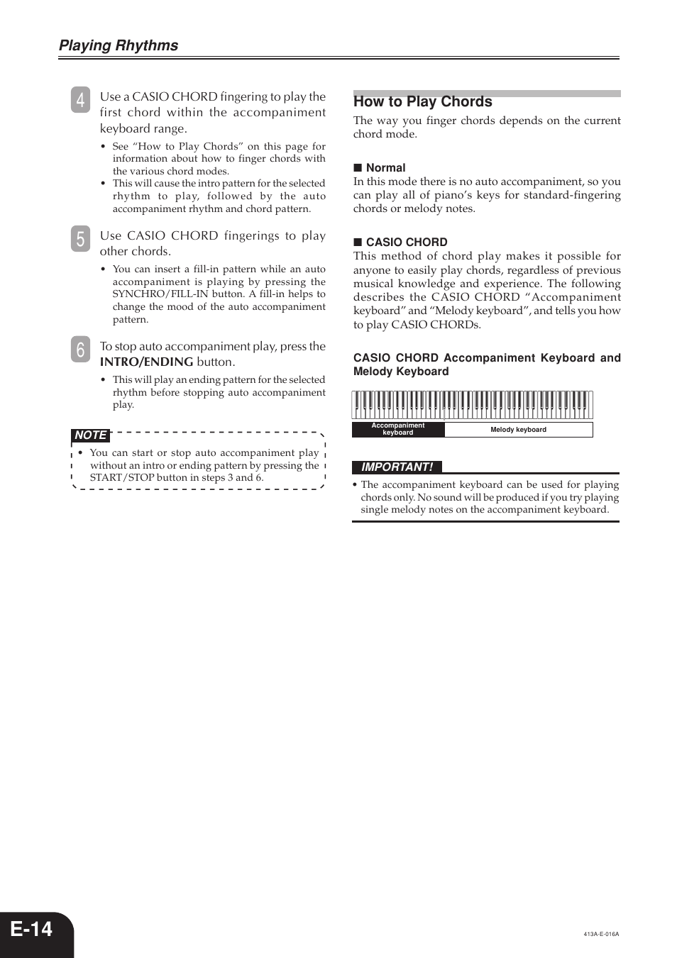 E-14, Playing rhythms, How to play chords | Casio PX300 User Manual | Page 16 / 37