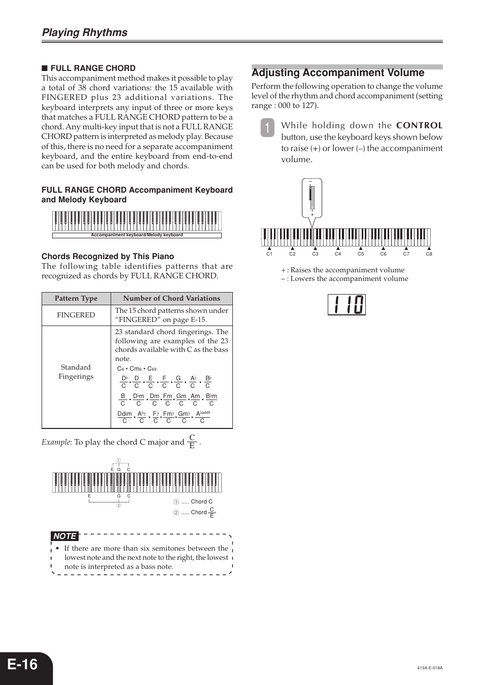 E-16, Playing rhythms, Adjusting accompaniment volume | Casio PX300 User Manual | Page 18 / 37