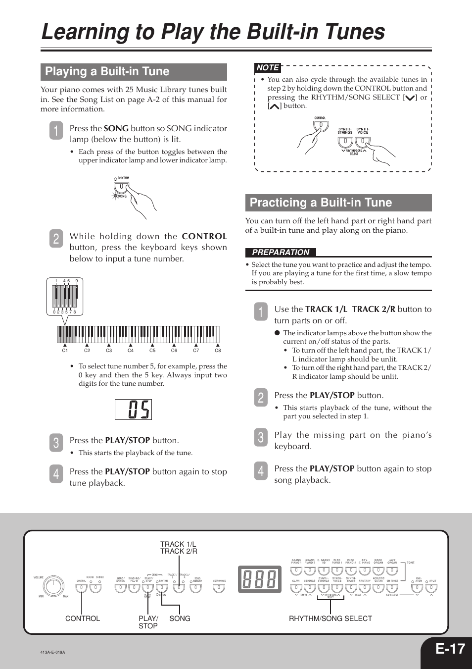 Learning to play the built-in tunes, E-17, Playing a built-in tune | Practicing a built-in tune | Casio PX300 User Manual | Page 19 / 37