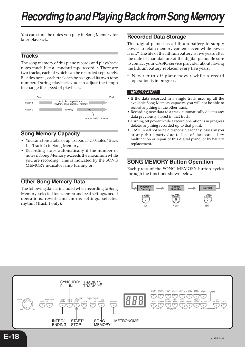 E-18, Tracks, Recorded data storage | Casio PX300 User Manual | Page 20 / 37