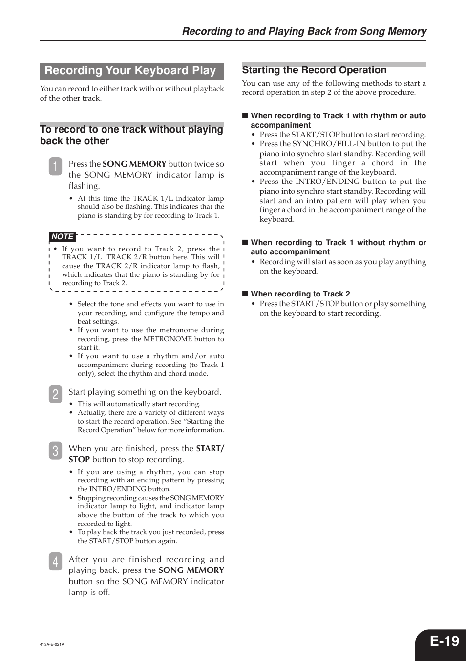 E-19, Recording your keyboard play | Casio PX300 User Manual | Page 21 / 37