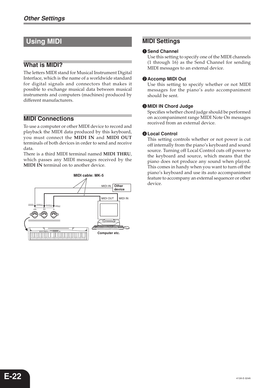 E-22, Using midi, Other settings | Midi settings, What is midi, Midi connections | Casio PX300 User Manual | Page 24 / 37