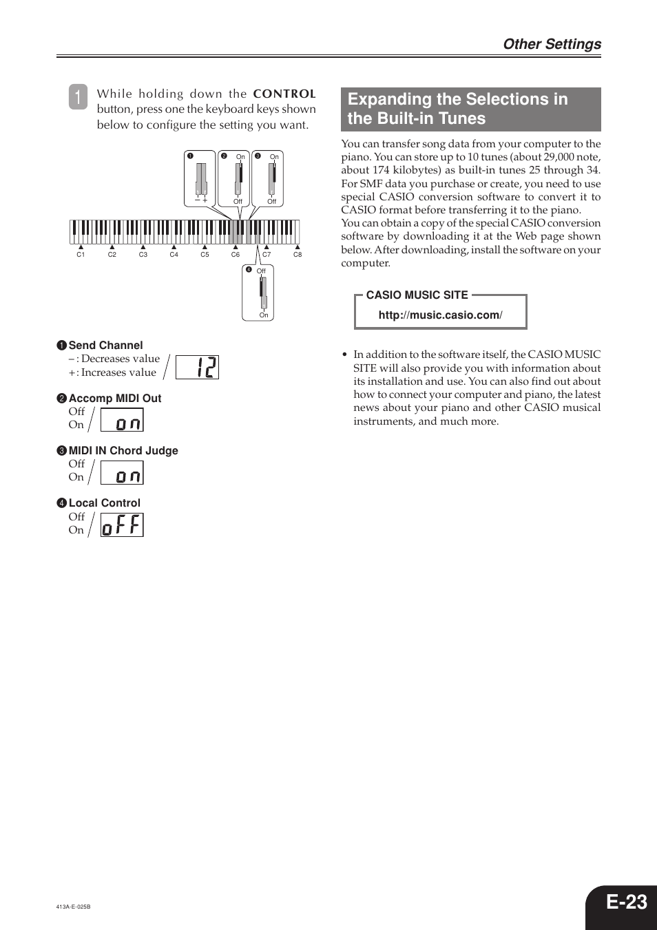 E-23, Expanding the selections in the built-in tunes, Other settings | Casio PX300 User Manual | Page 25 / 37