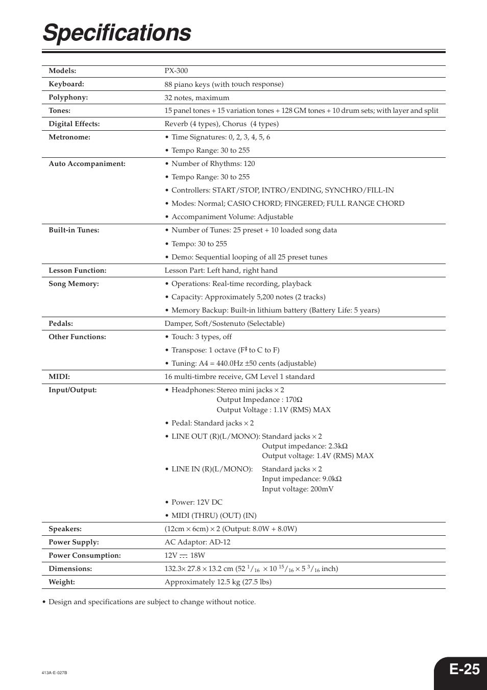 Specifications, E-25 | Casio PX300 User Manual | Page 27 / 37