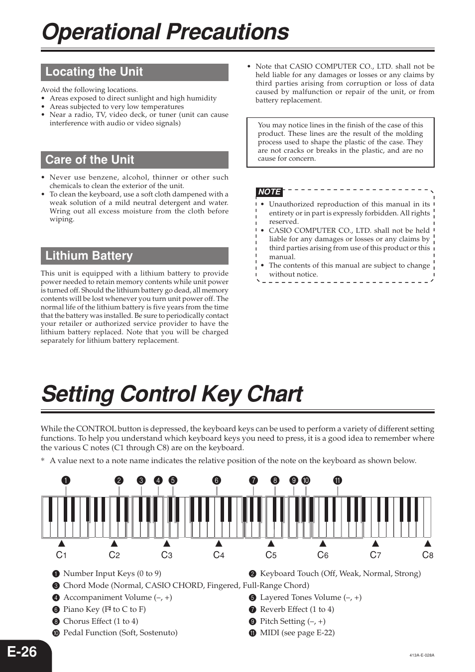 Operational precautions, Setting control key chart, E-26 | Locating the unit, Care of the unit, Lithium battery | Casio PX300 User Manual | Page 28 / 37