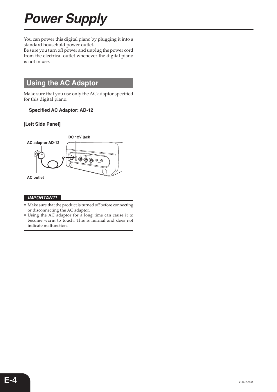 Power supply, Using the ac adaptor | Casio PX300 User Manual | Page 6 / 37