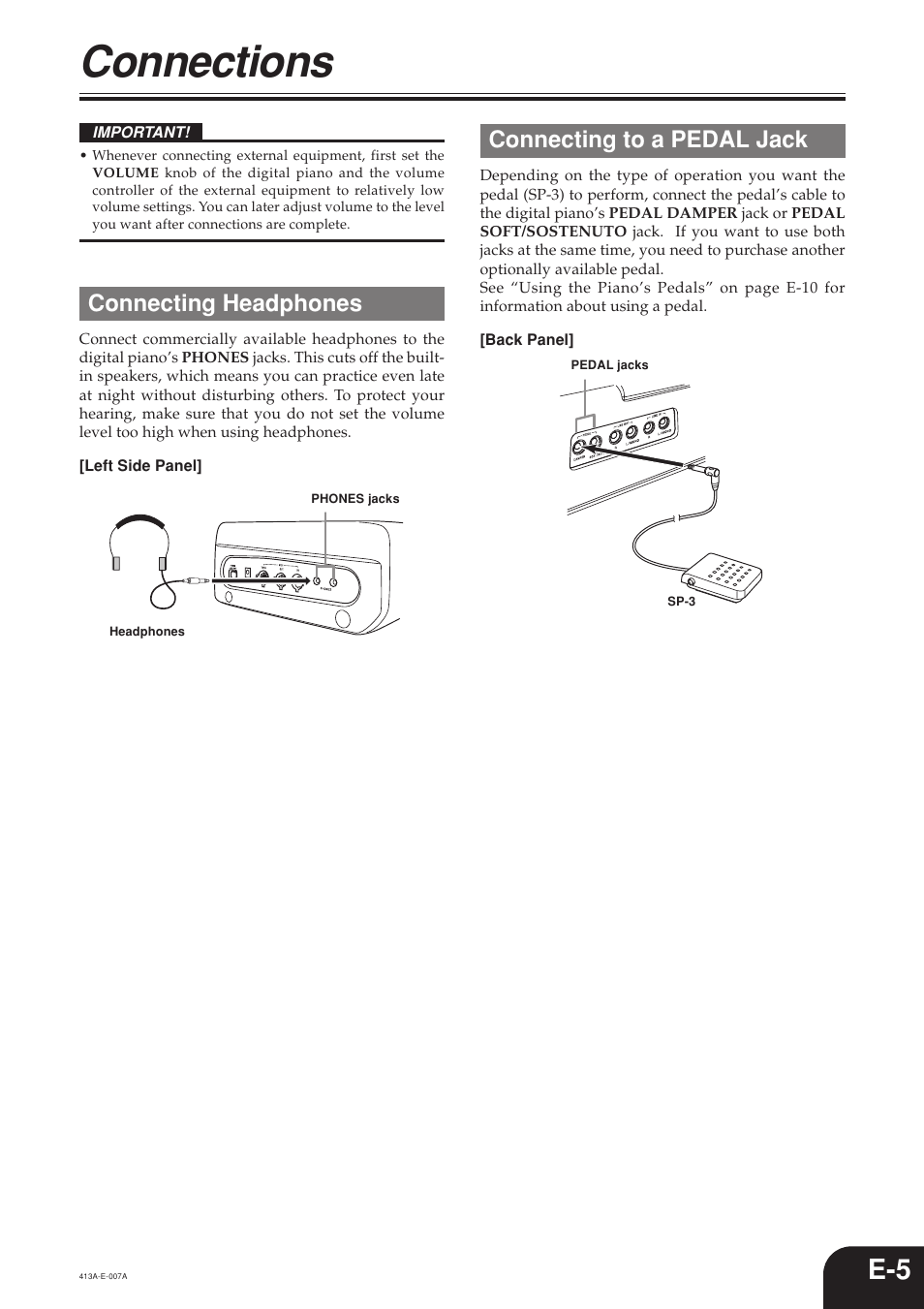 Connections, Connecting headphones, Connecting to a pedal jack | Casio PX300 User Manual | Page 7 / 37