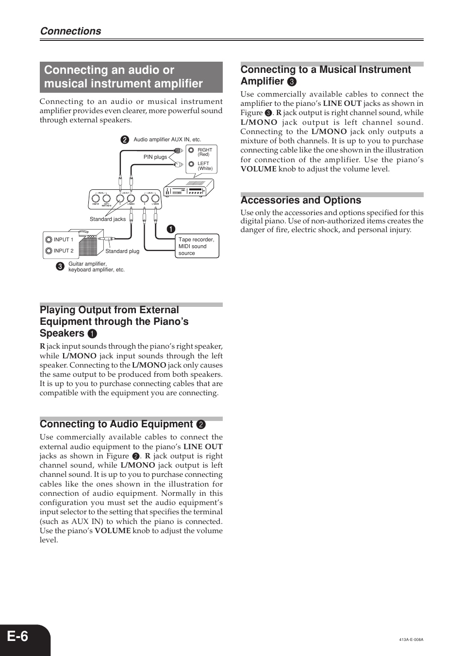 Connections, Connecting to audio equipment 2, Connecting to a musical instrument amplifier 3 | Accessories and options | Casio PX300 User Manual | Page 8 / 37