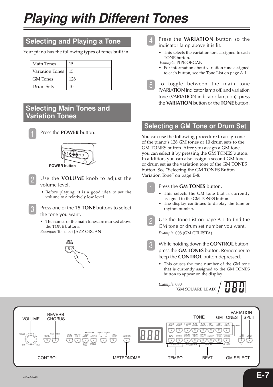 Playing with different tones, Selecting and playing a tone, Selecting main tones and variation tones | Selecting a gm tone or drum set | Casio PX300 User Manual | Page 9 / 37