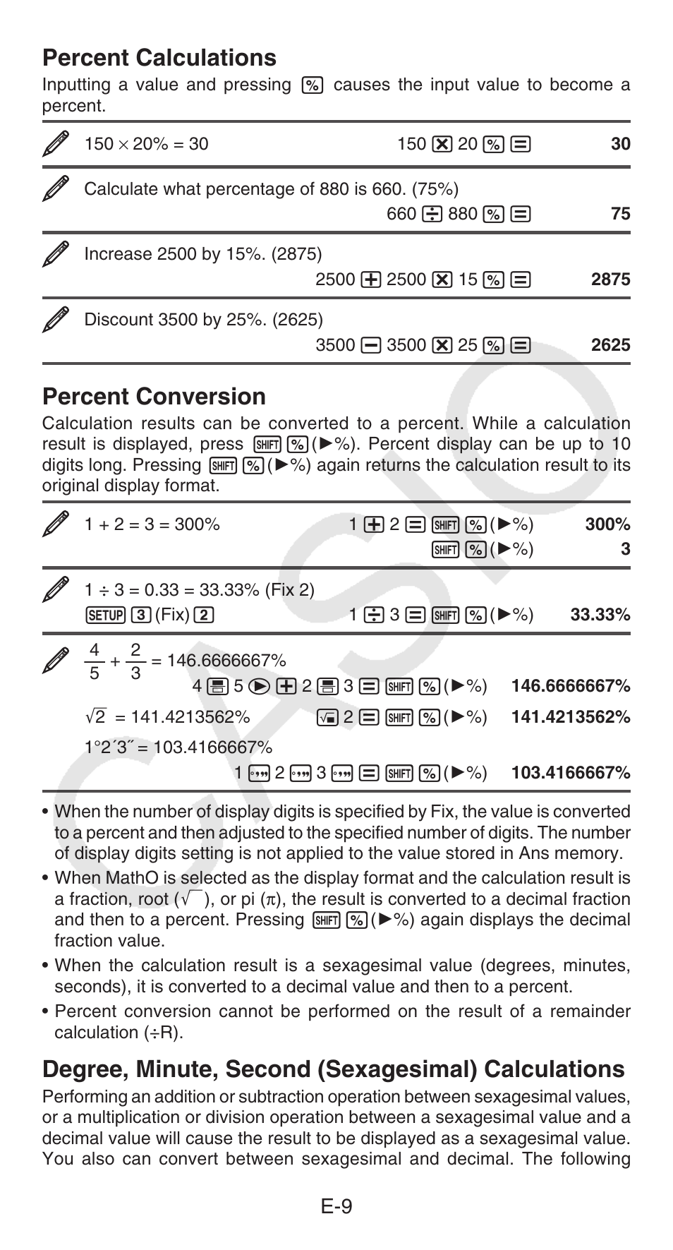 Percent calculations, Percent conversion, Degree, minute, second (sexagesimal) calculations | Casio FX-55 User Manual | Page 10 / 20