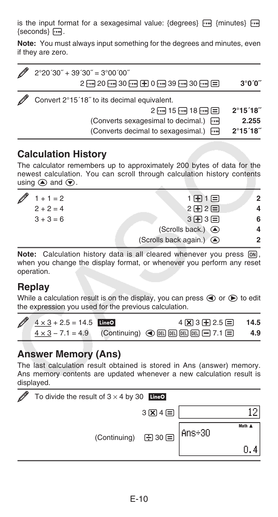 Calculation history, Replay, E-10 | Casio FX-55 User Manual | Page 11 / 20