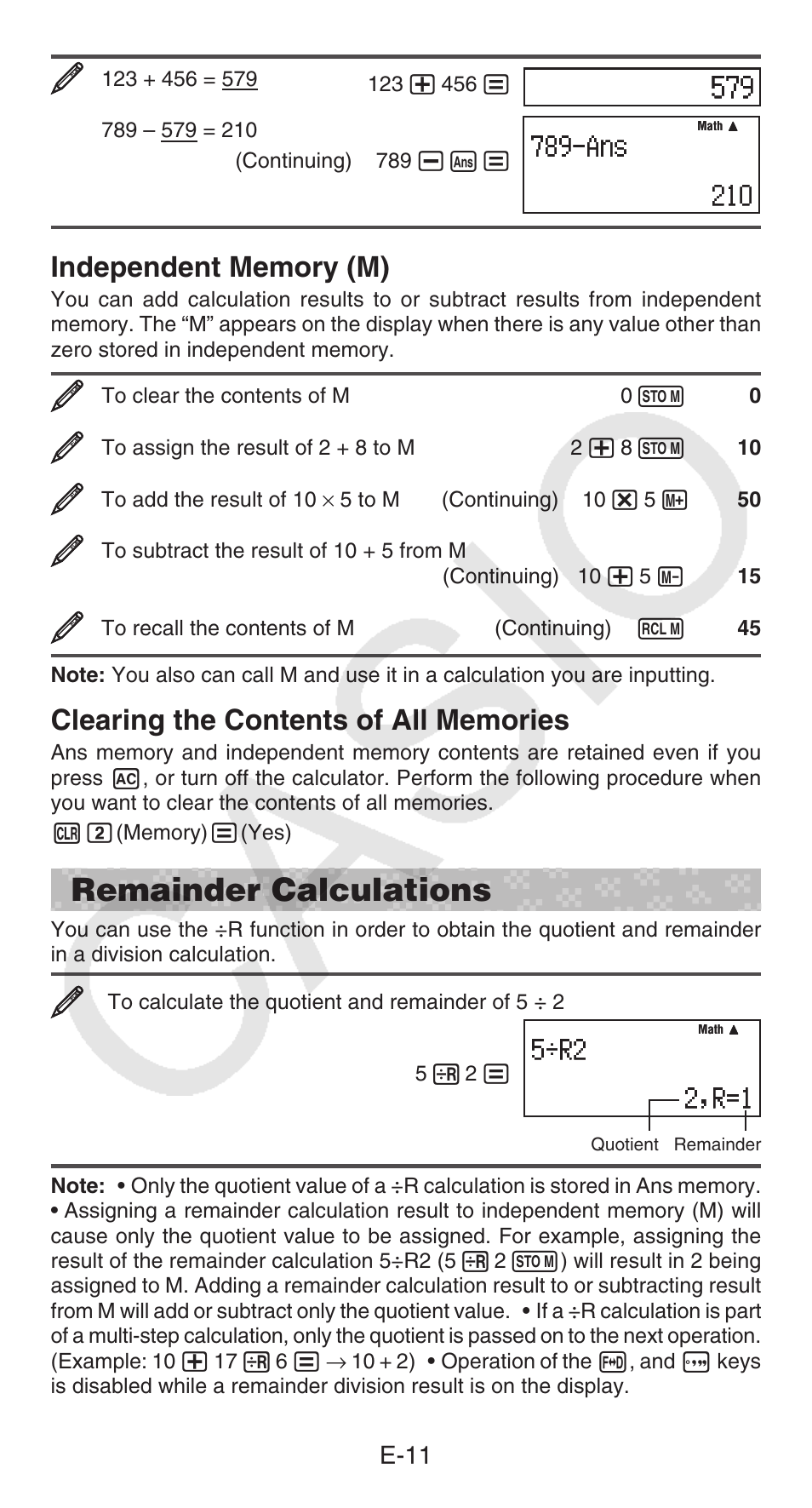 Remainder calculations, E-11 | Casio FX-55 User Manual | Page 12 / 20