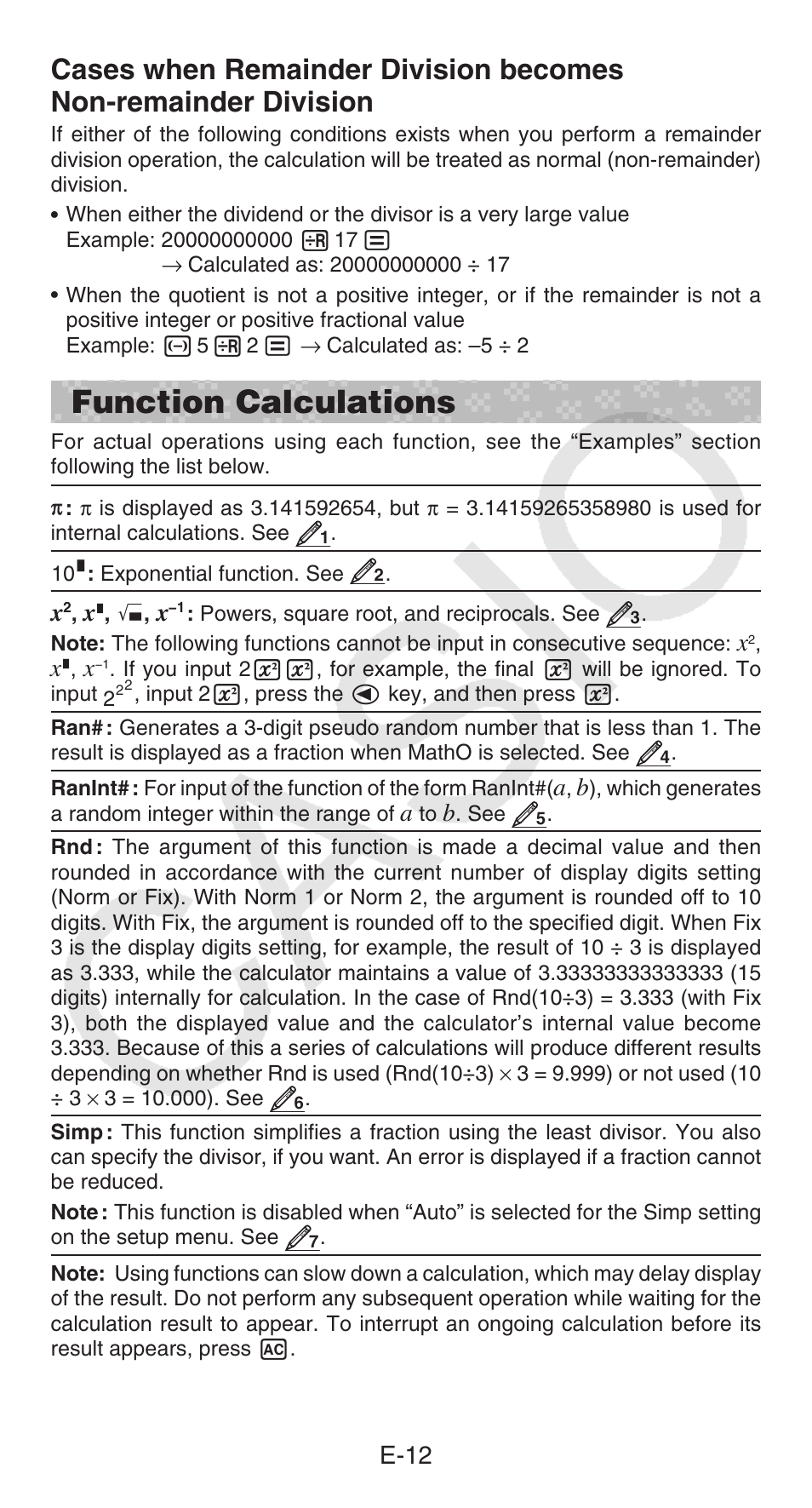 Function calculations, E-12 | Casio FX-55 User Manual | Page 13 / 20