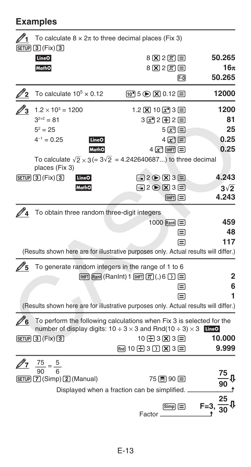 Examples, E-13 | Casio FX-55 User Manual | Page 14 / 20
